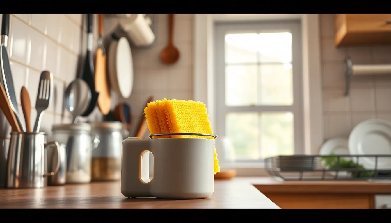 모던한 주방 인테리어에 잘 어울리는 수세미 홀더의 모습