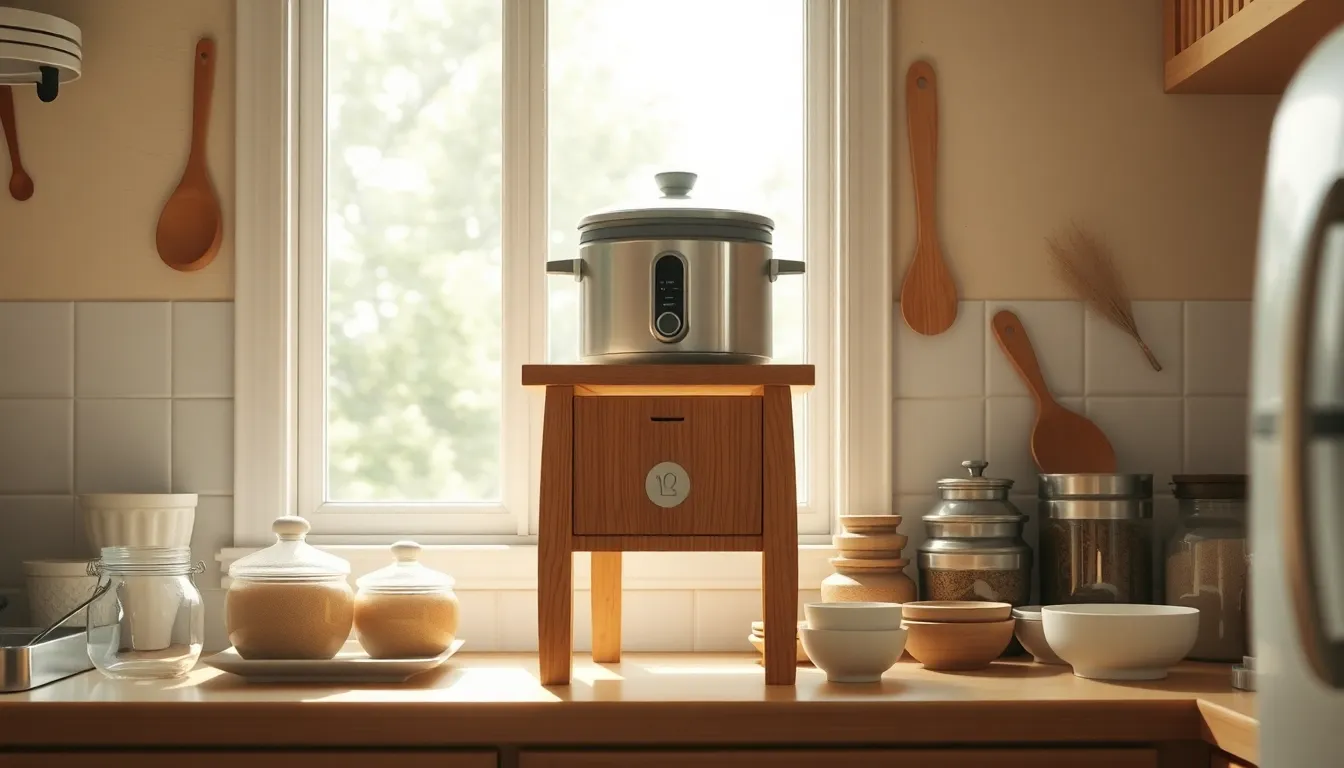 정리된 주방 이미지: 시그니처 렌지대 4단 크림화이트를 사용하여 깔끔하게 정리된 주방의 모습을 보여줍니다. 다양한 주방 가전과 식재료가 효율적으로 수납되어 있으며, 밝고 깨끗한 분위기를 연출합니다.