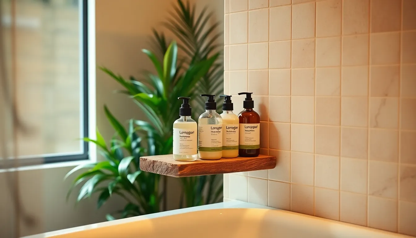 깔끔하게 정리된 욕실, 샴푸, 린스, 바디워시가 안쏘니 무타공 샴푸걸이에 걸려있는 모습