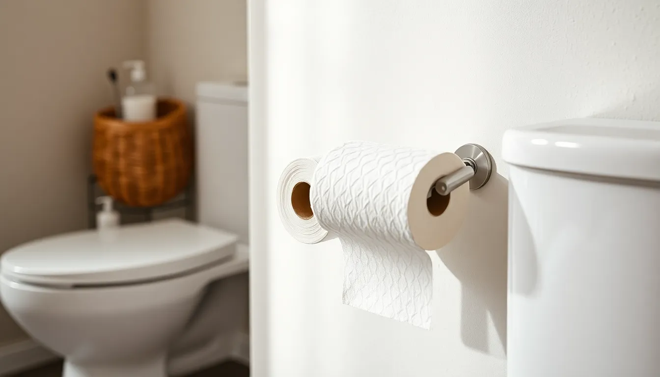 핸드폰을 거치한 라이프툴스 무타공 휴지걸이의 모습. 욕실에서 편리하게 핸드폰을 사용할 수 있음을 보여줌.