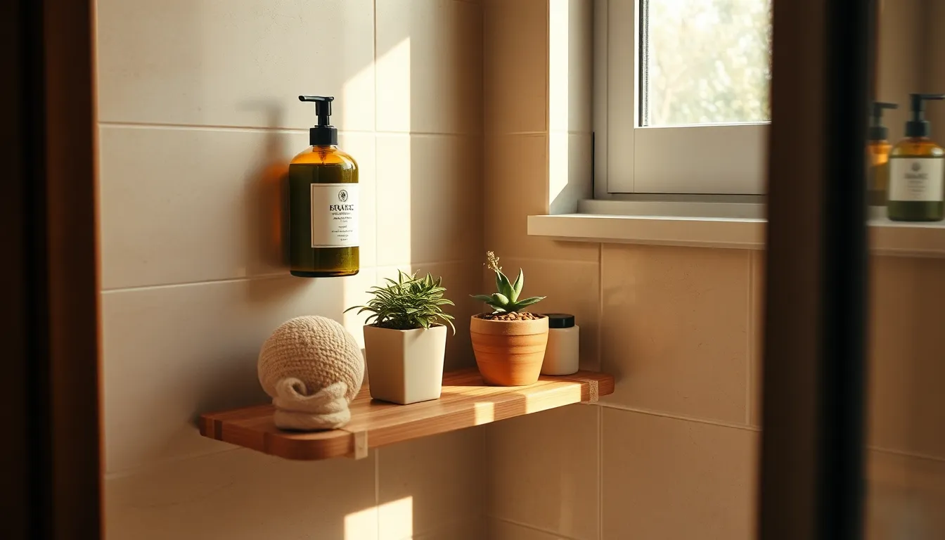 다양한 욕실 용품들이 블루홀스 코너 선반에 깔끔하게 정리되어 있는 모습.