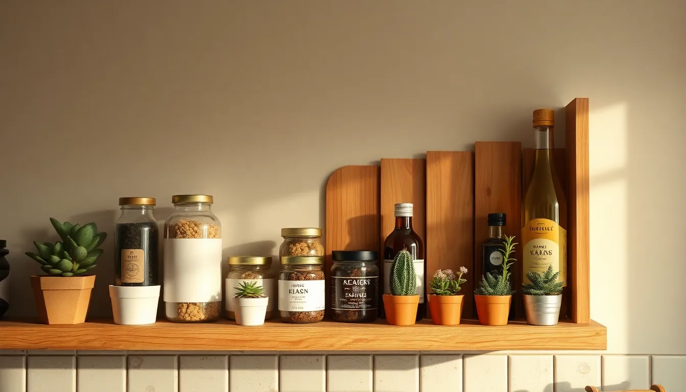 깔끔하게 정리된 주방의 모습. CUBBYCASE 수납 선반에 다양한 주방용품과 식재료가 효율적으로 수납되어 있음. 밝고 넓어진 주방 공간을 강조.