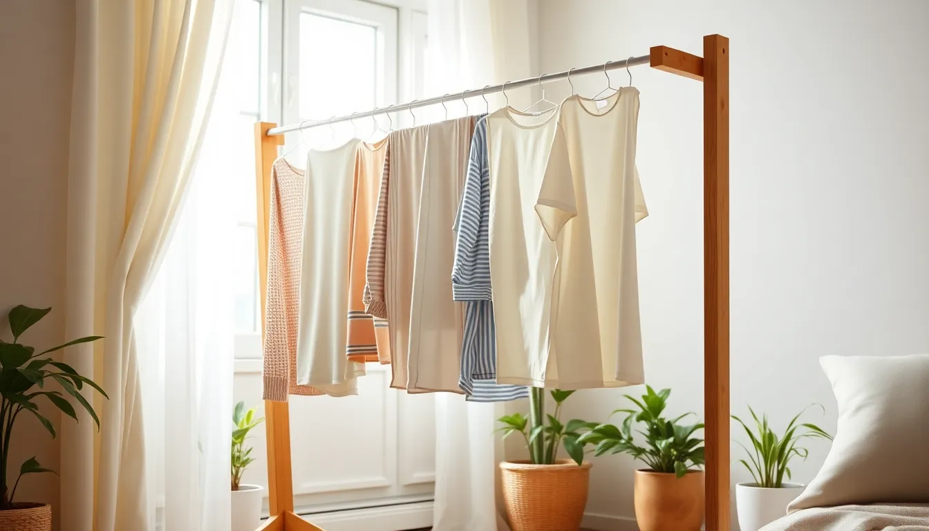 실제 코멧 이동접이식 빨래건조대 특대형 사용 사진. 빨래가 넉넉하게 널려 있는 모습입니다.