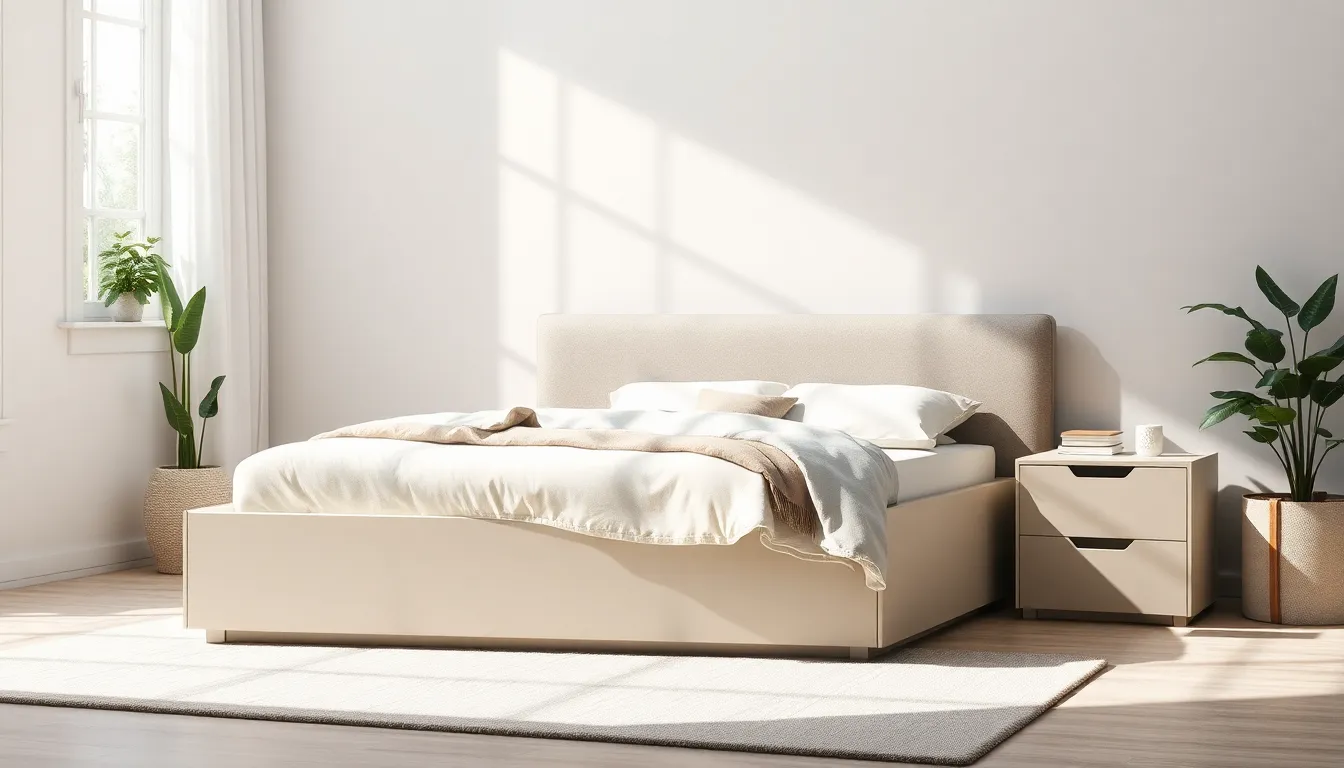 깔끔하게 정리된 침실. 월로덴 LED 협탁이 침대 옆에 놓여져 있으며, 은은한 LED 조명이 켜져 있다.