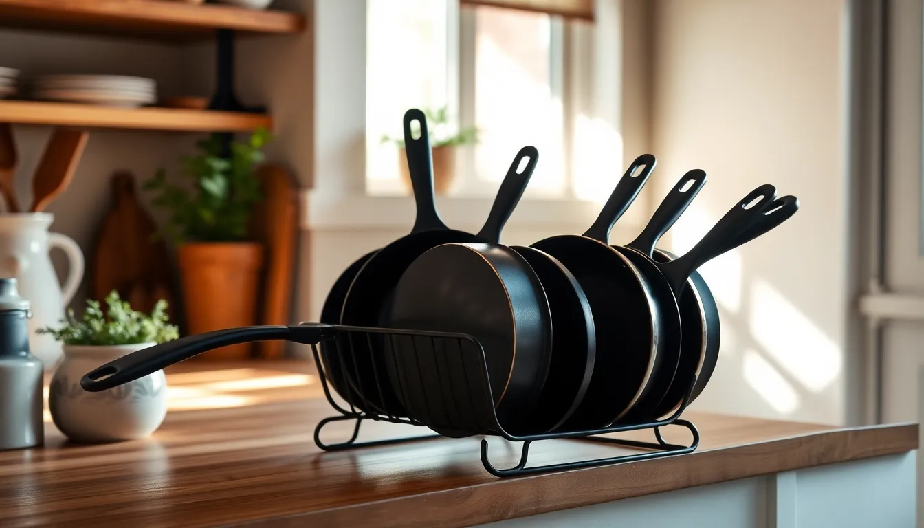 코멧 키친 확장형 프라이팬 정리대에 다양한 냄비와 프라이팬을 수납한 모습