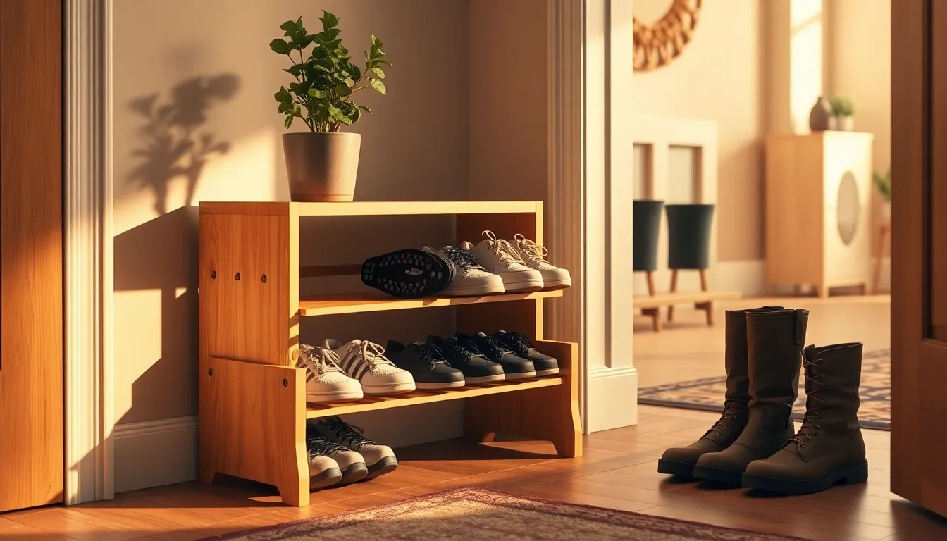 깔끔하게 정리된 현관 Before & After 이미지. 슬림 신발장 설치 전후 비교를 통해 공간 활용 효과를 보여줍니다.