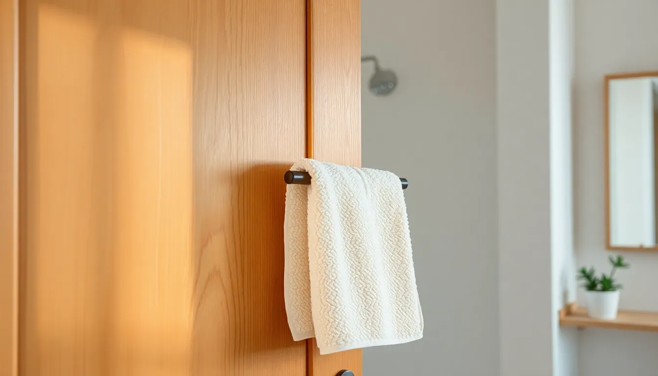 마이룸즈 도어행거에 수건과 욕실 용품이 정리된 모습, 깔끔하고 효율적인 공간 활용