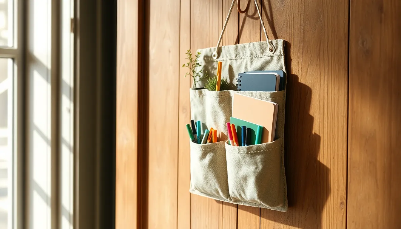 패브릭 포켓에 다양한 물건을 수납한 모습. 깔끔하게 정리된 현관이 돋보인다.