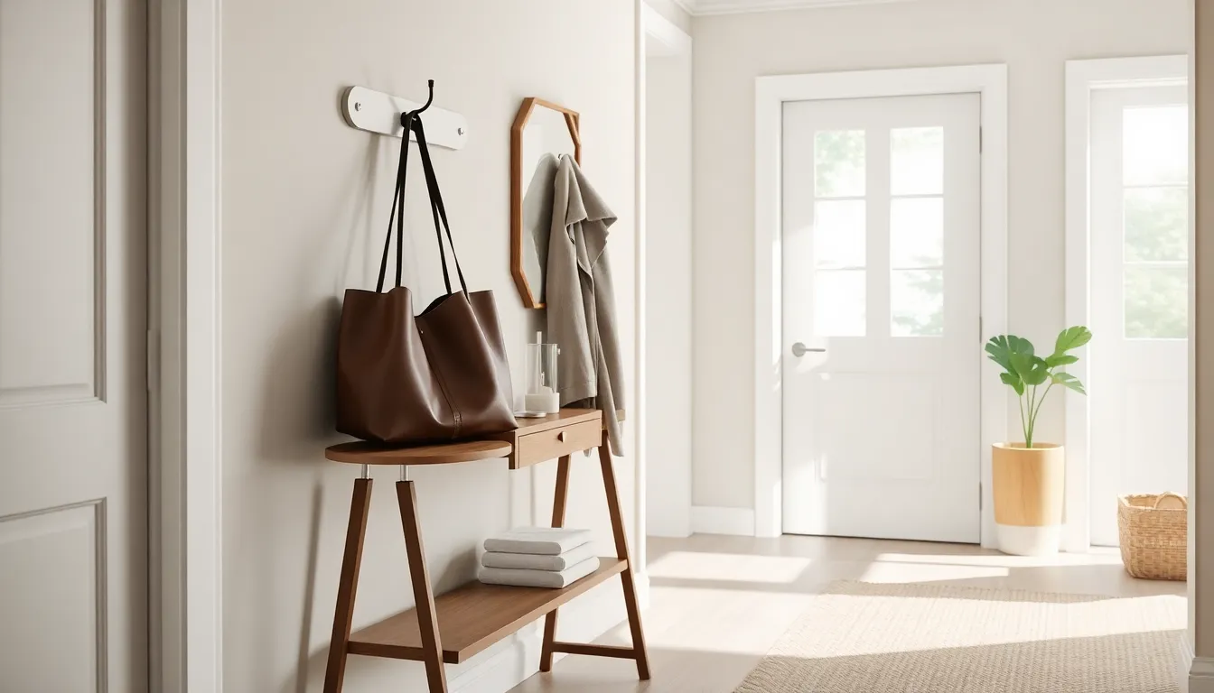 다양한 종류의 무타공 후크 제품 이미지. 현관, 주방, 욕실 등 다양한 공간에서 활용되는 모습