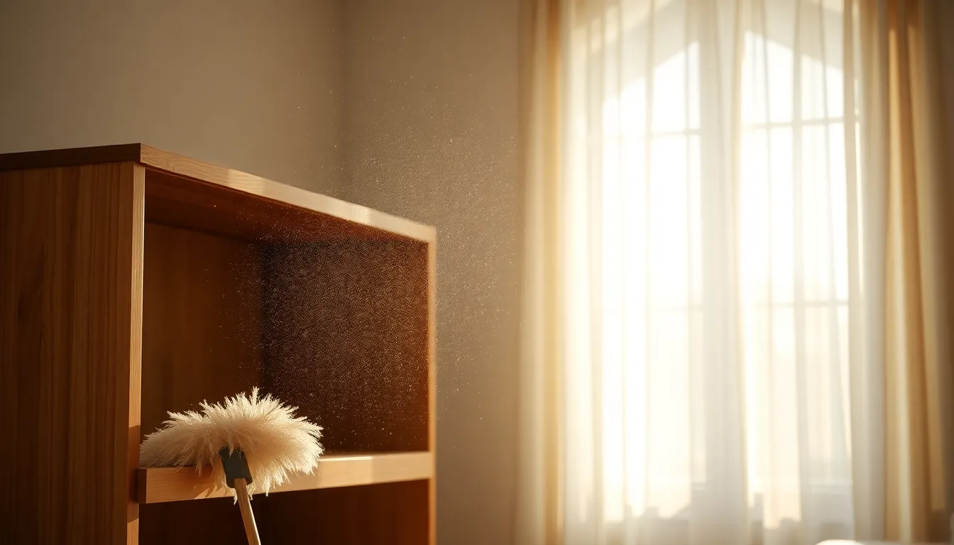 먼지떨이 사용 예시 이미지. 책장 위 먼지를 털어내는 모습, 창틀 틈새 먼지를 제거하는 모습, 천장에 붙은 먼지를 청소하는 모습 등을 담아 먼지떨이의 활용성을 보여준다.