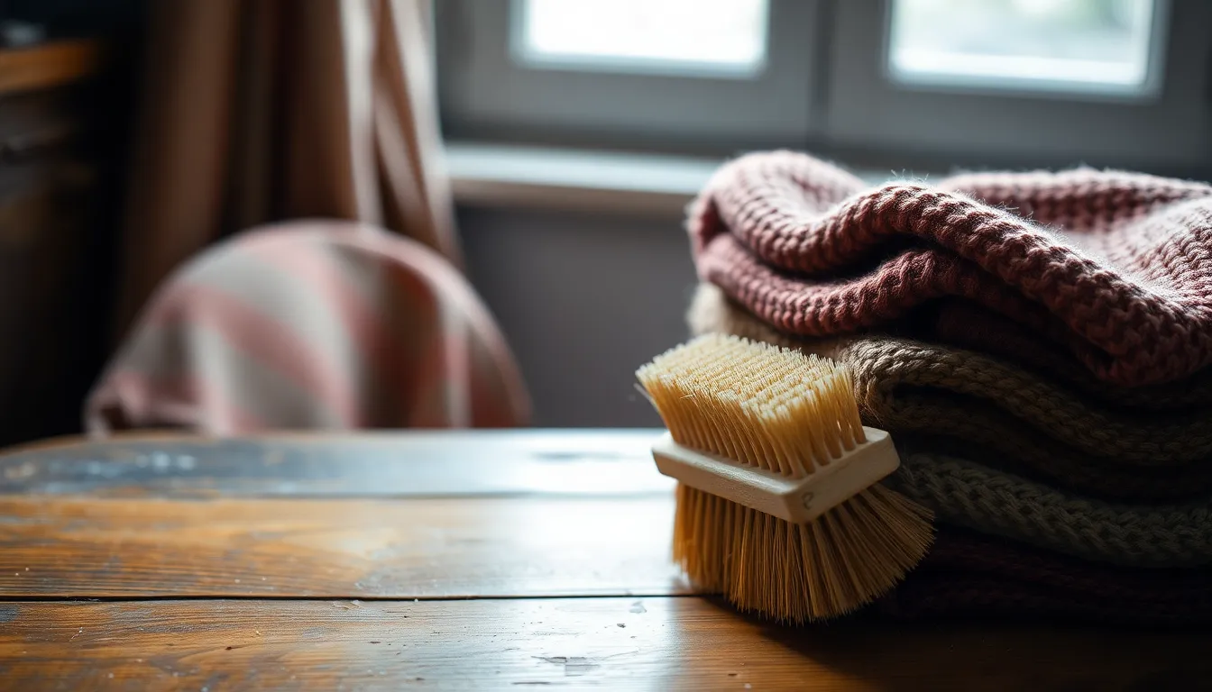 옷에 묻은 먼지를 털이솔로 제거하는 모습