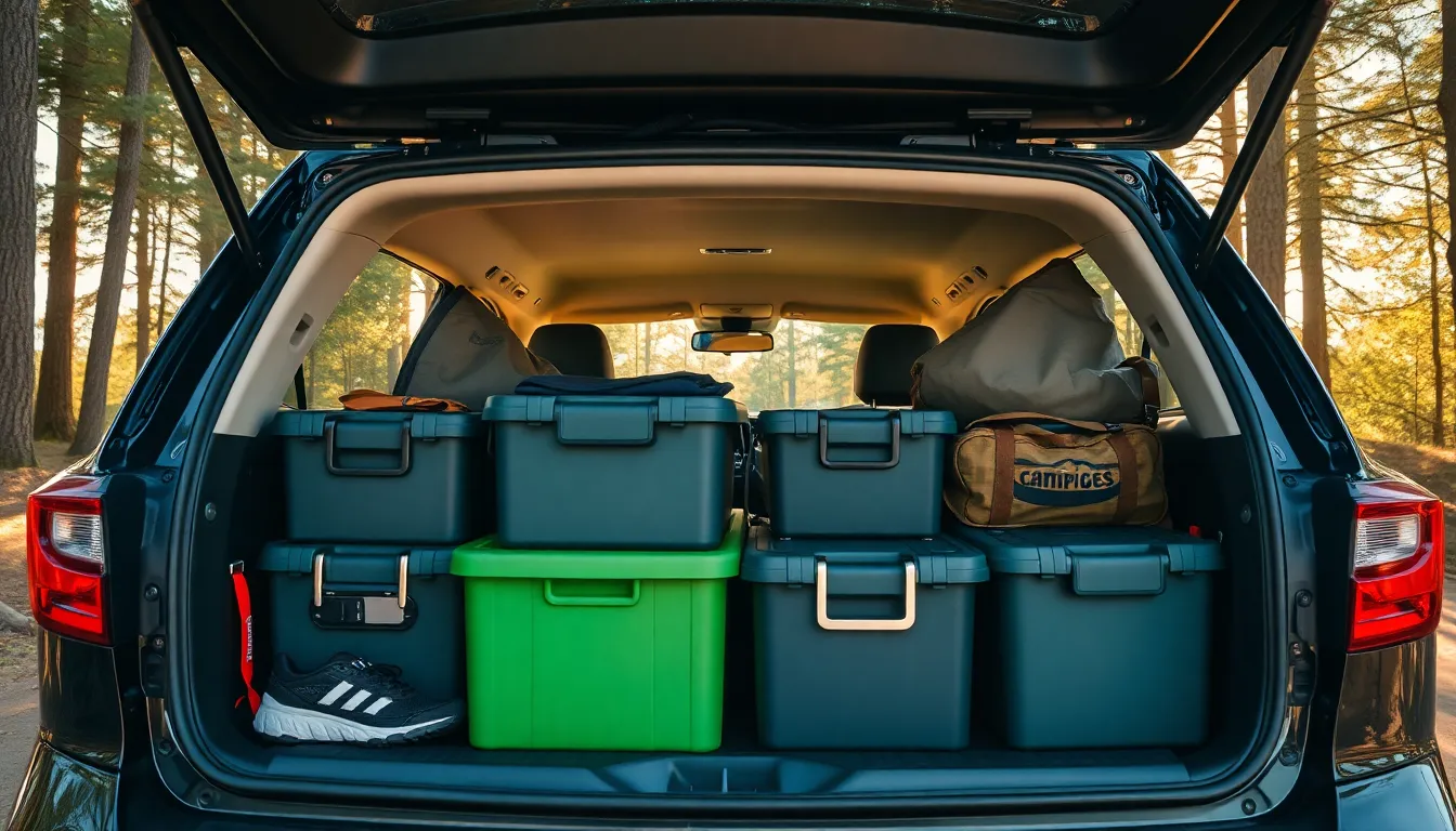 캠핑장에서 아필 캠핑박스를 사용하는 모습. 감성적인 디자인이 주변 풍경과 잘 어울립니다. 다양한 캠핑 용품을 깔끔하게 수납할 수 있습니다.