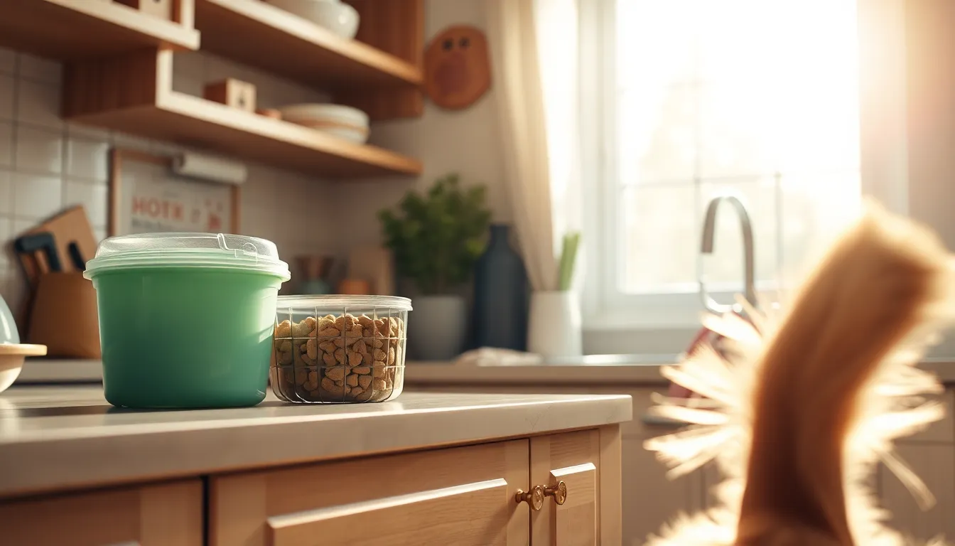 강아지가 사료통 옆에서 밥을 기다리는 모습