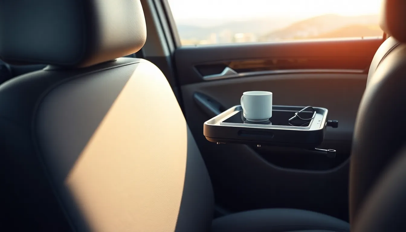 WonRay 자동차 시트 수납 포켓 대용량 트레이 테이블 활용 예시, 테이블 위에서 노트북 작업, 식사, 독서 등을 하는 모습이 담겨 있습니다. 운전 중 휴식 시간을 더욱 풍요롭게 만들어줍니다.