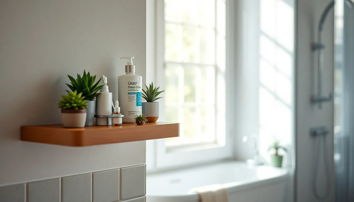 다양한 욕실 용품이 정리된 욕실 코너