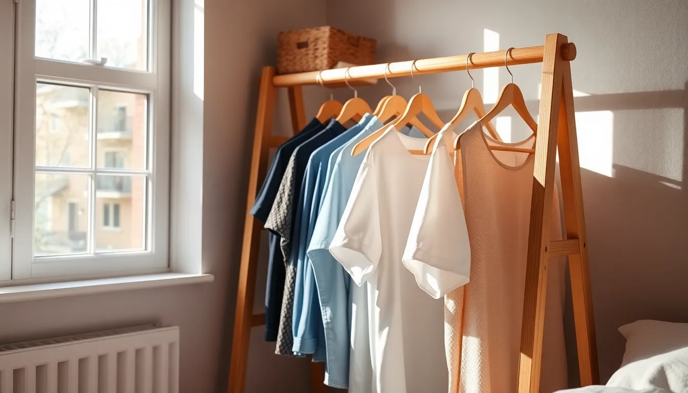 정리정돈된 옷장 내부 모습. 옷들이 종류별, 색깔별로 깔끔하게 정리되어 있고, 액세서리 수납 공간도 확보되어 있음