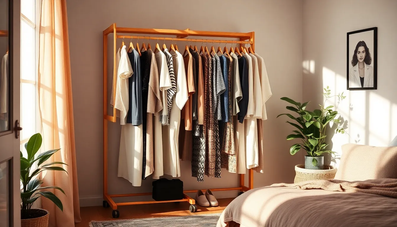 정리된 옷들이 걸려있는 Zuge 튼튼한 이동식 행거의 모습