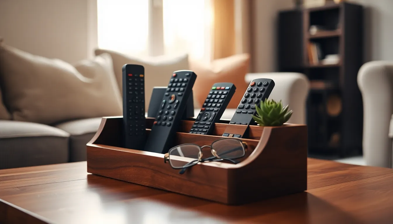 아르제이 리모컨 정리함에 다양한 리모컨들이 깔끔하게 정리되어 있는 모습