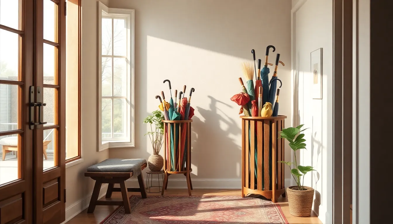 리템 마이룸 우산꽂이를 활용하여 현관을 깔끔하게 정리한 모습입니다. 우산 외에도 다양한 소품을 수납할 수 있습니다.